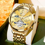 OLEVS Relojes de Hombre Esqueleto Automático Lujo de Negocios Diamante Autoentregado (Self Winding) Reloj de Pulsera de Acero Inoxidable con Calendario