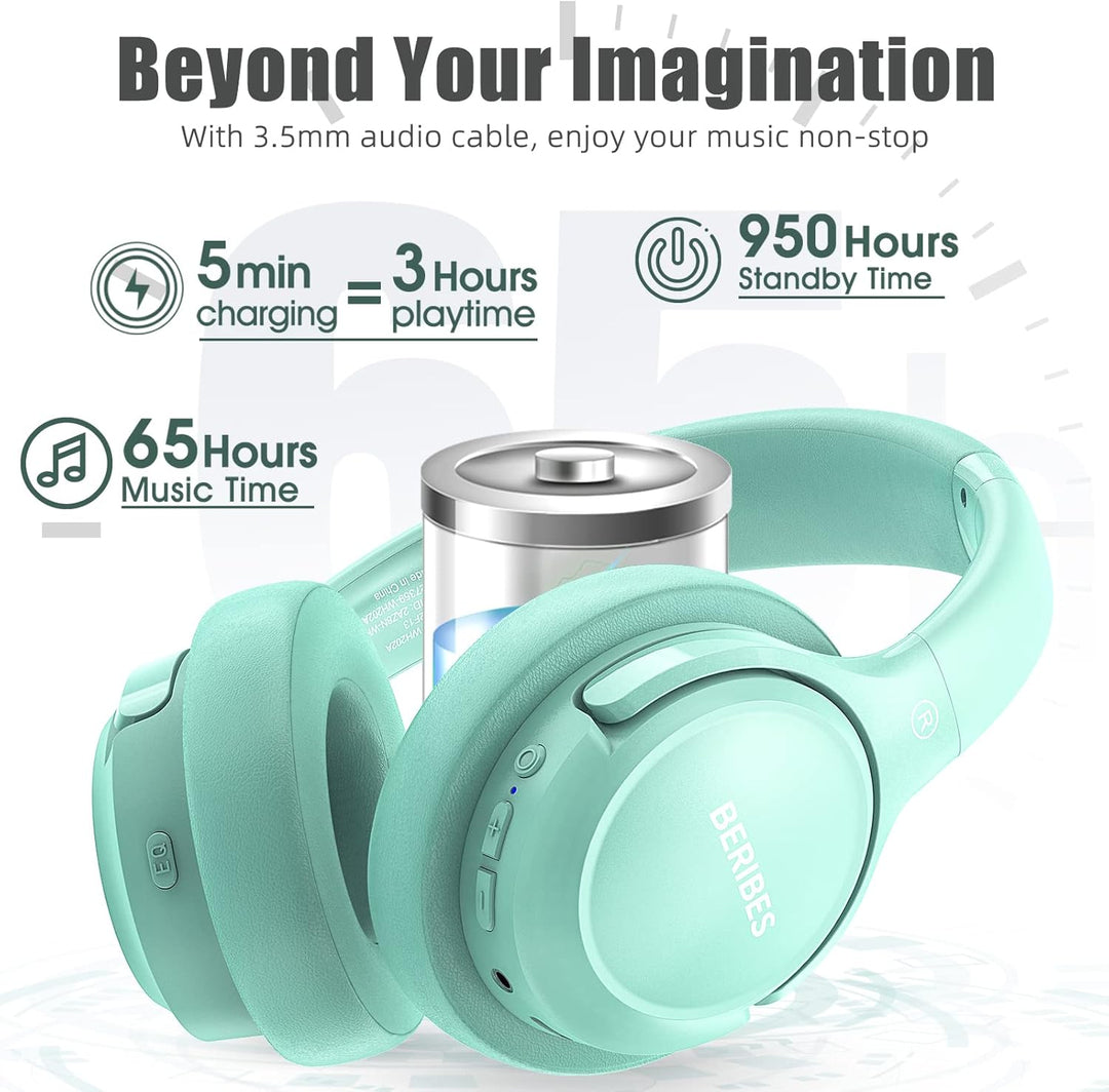 BERIBES Auriculares Bluetooth sobre la oreja, tiempo de reproducció...
