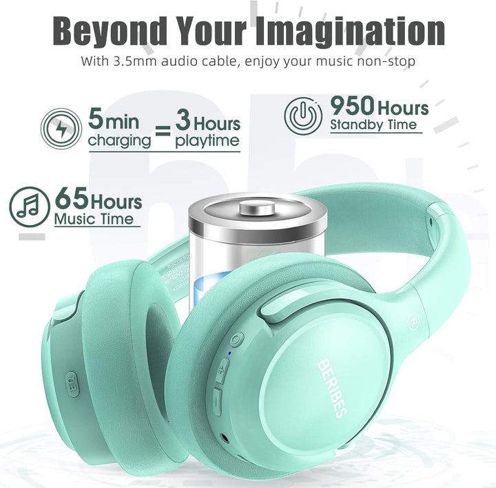 BERIBES Auriculares Bluetooth sobre la oreja, tiempo de reproducció...