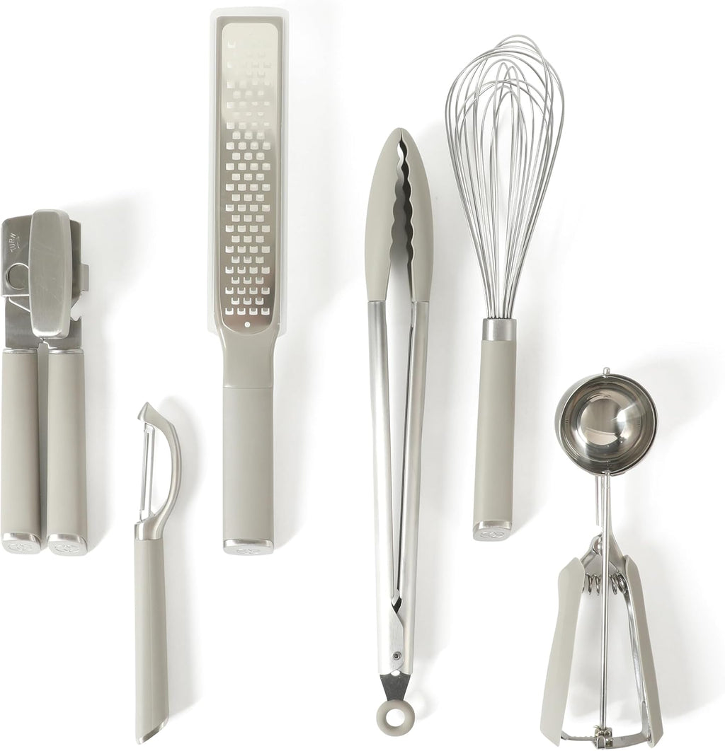 Calphalon Edge - Juego de utensilios de cocina de acero inoxidable de 6 piezas, juego de utensilios de cocina con acento de silicona, abrelatas, pelador recto, rallador, pinzas