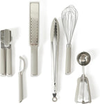 Calphalon Edge - Juego de utensilios de cocina de acero inoxidable de 6 piezas, juego de utensilios de cocina con acento de silicona, abrelatas, pelador recto, rallador, pinzas