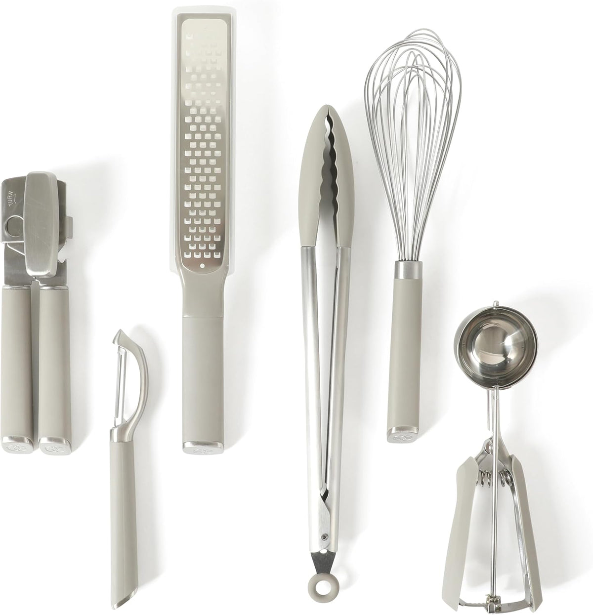 Calphalon Edge - Juego de utensilios de cocina de acero inoxidable de 6 piezas, juego de utensilios de cocina con acento de silicona, abrelatas, pelador recto, rallador, pinzas