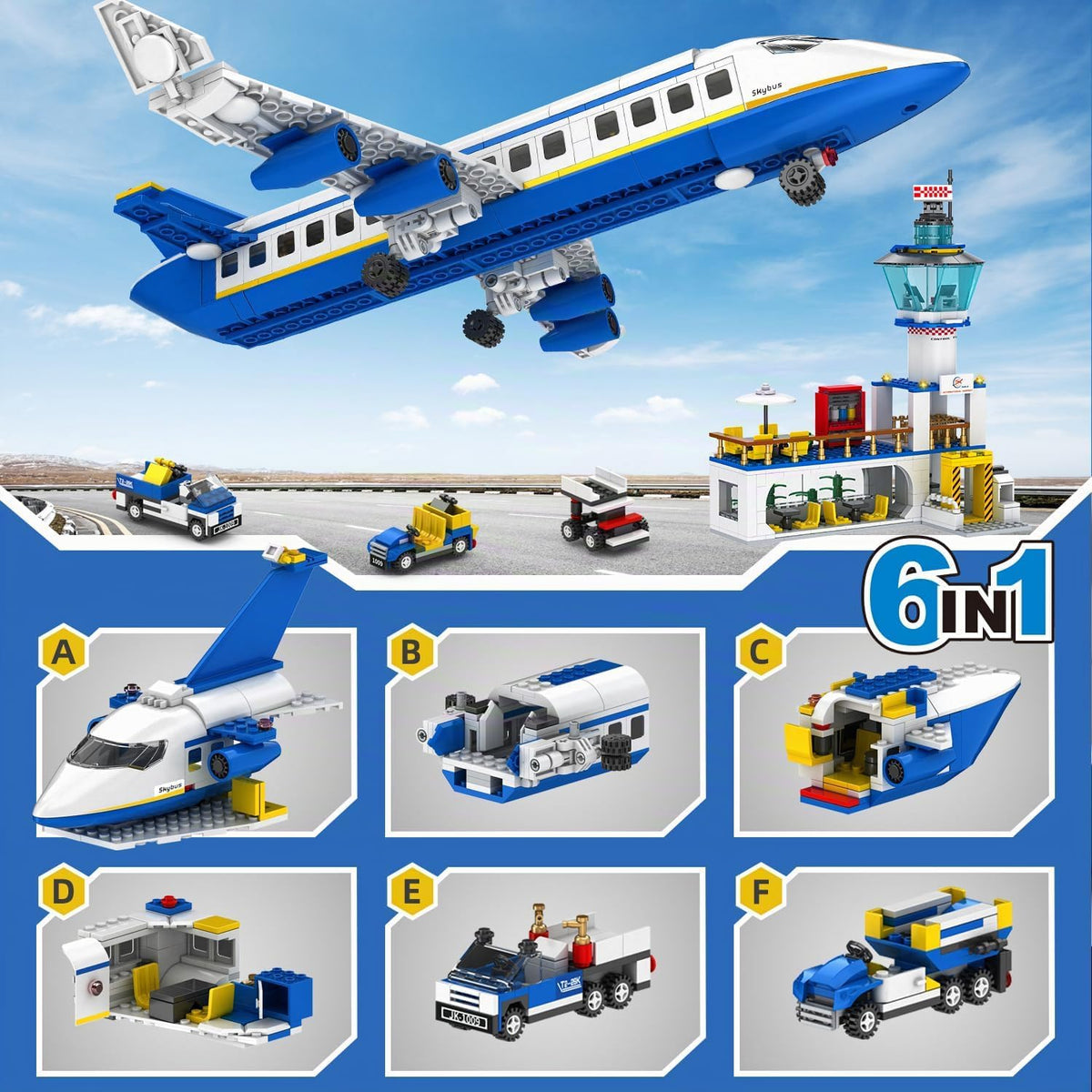 City Passenger - Juego de construcción de avión de pasajeros, 886 piezas STEM 6 en 1, juguete de bloque de construcción con terminal, autobús de lanzadera, carrito de equipaje, regalos de cumpleaños de Navidad para niños y niñas de 6 a 12 años en adelante