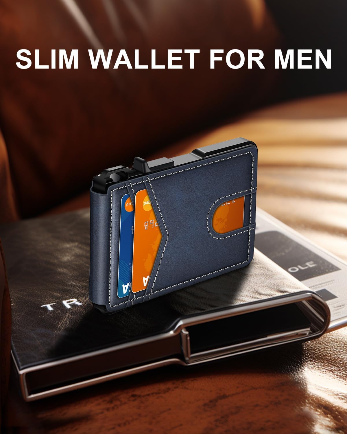 Cartera minimalista para hombre 9-13 tarjetas RFID bloqueo cartera delgada, Azul marino