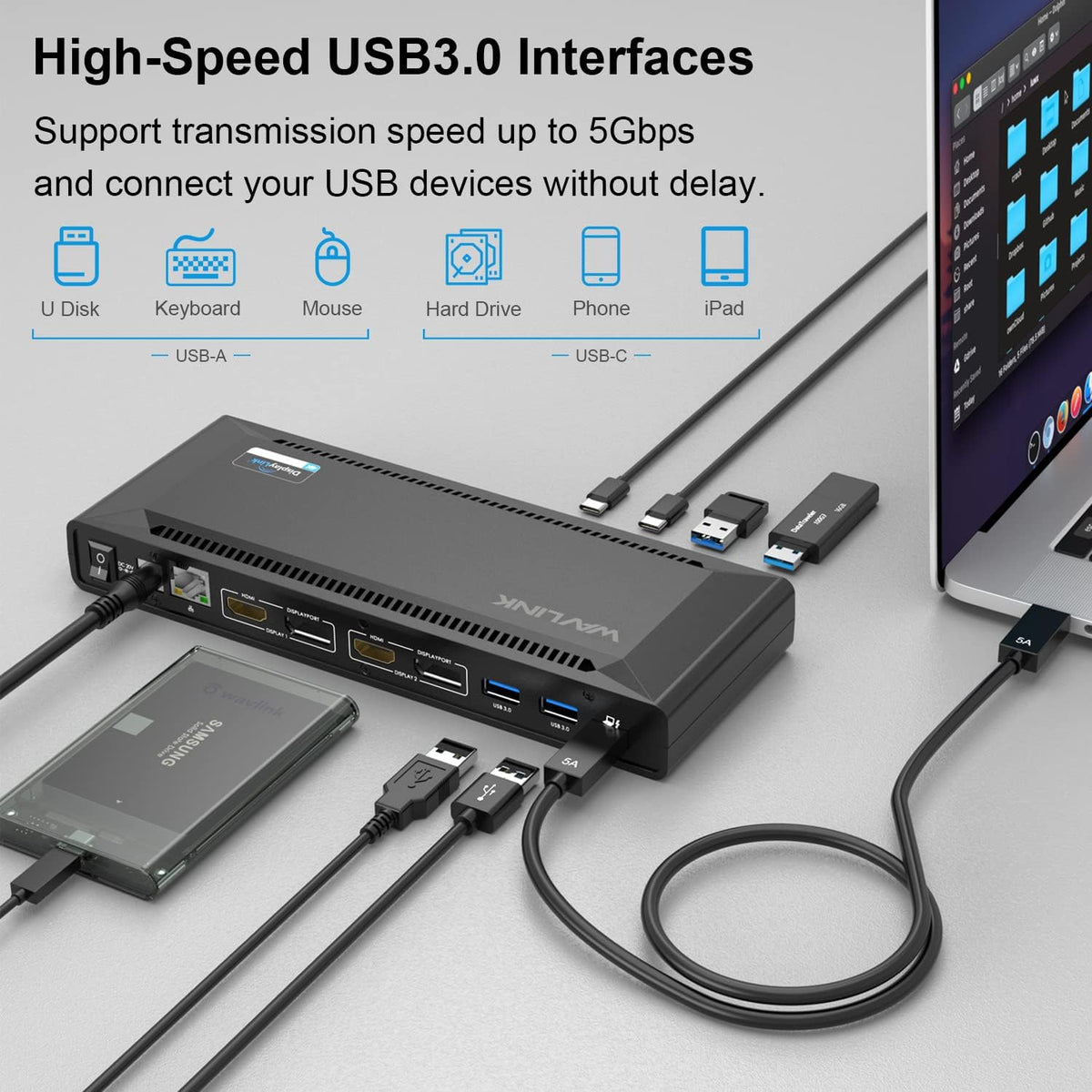WAVLINK Estación de acoplamiento dual 4K 60Hz Displaylink USB C (2HDMI+2DP)