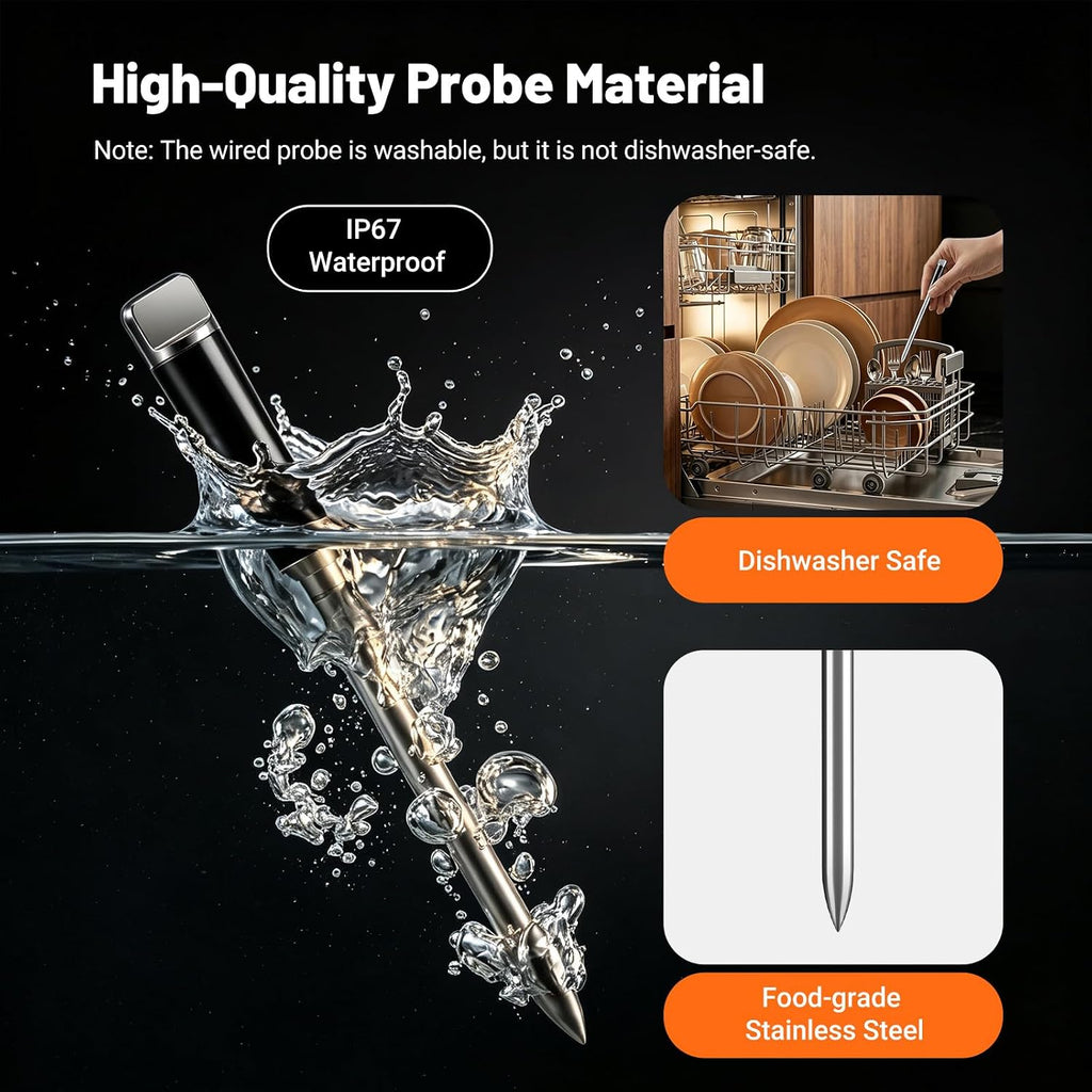 Sondas inalámbricas y cableadas 2 en 1, termómetro inalámbrico para carne con pantalla LED magnética, termómetro de carne Bluetooth para barbacoa, horno, ahumador, termómetro digital de alimentos con