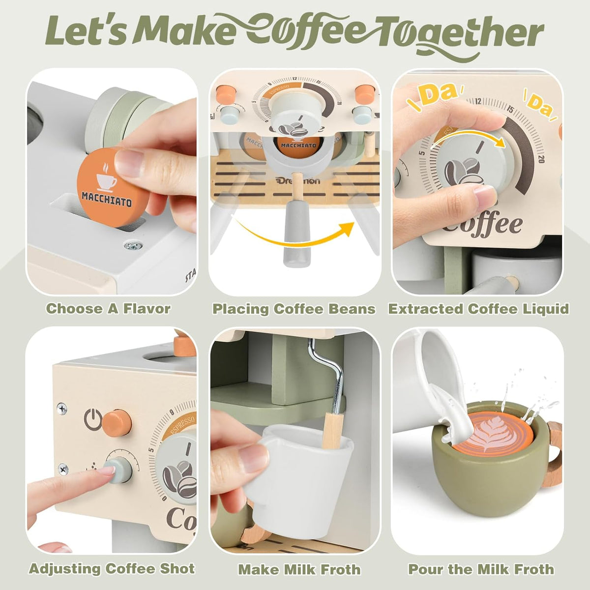 Cafetera de juguete, accesorios de cocina de madera para niños