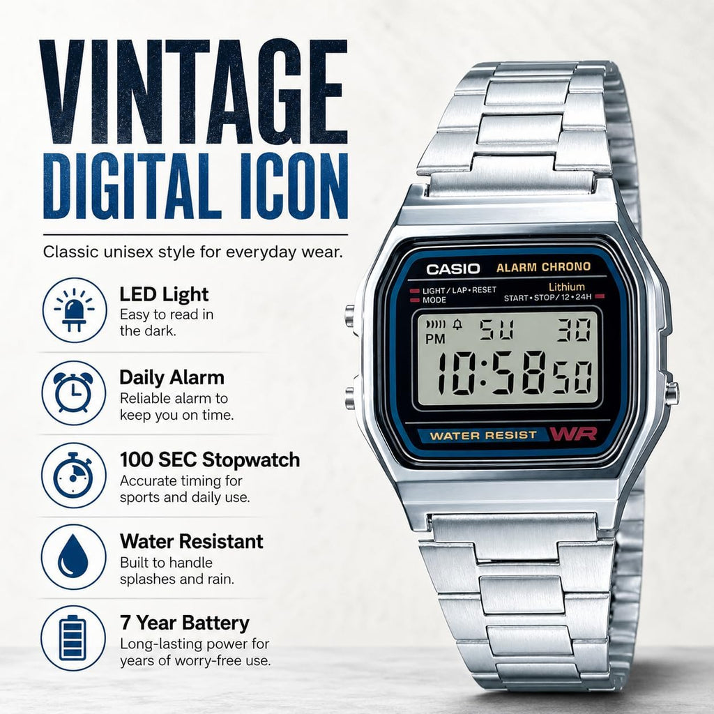Casio A158WA Series | Reloj Digital Unisex | Vintage | WR | Cronómetro 100 SEG | Alarma Diaria | Hora Regular: Hora, Minuto, Segundo, PM, Fecha, Día | Luz LED | Batería 7 Años