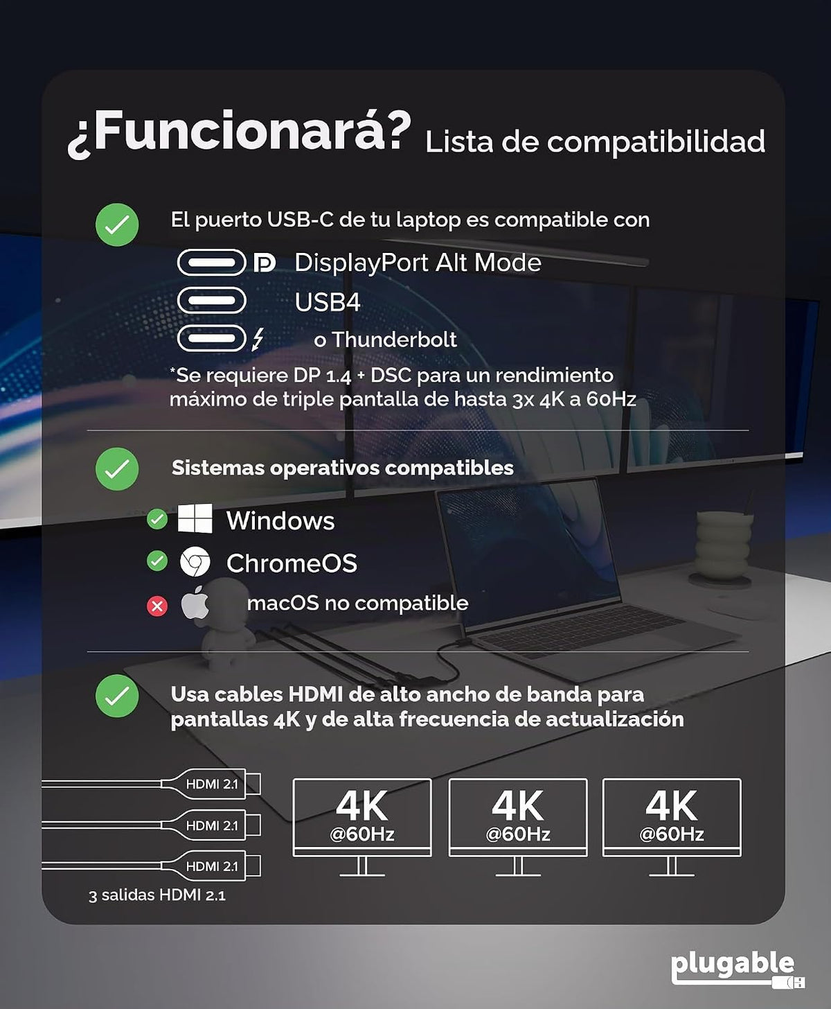 Adaptador de monitor múltiple USB C a HDMI, pantallas triples 4K60