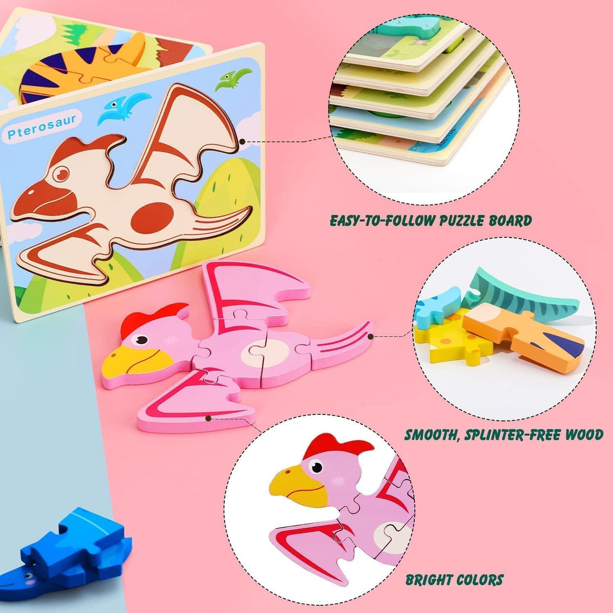 TOY Life Paquete de 15 rompecabezas de madera para niños pequeños, incluye 7 rompecabezas de dinosaurios, 8 rompecabezas de animales