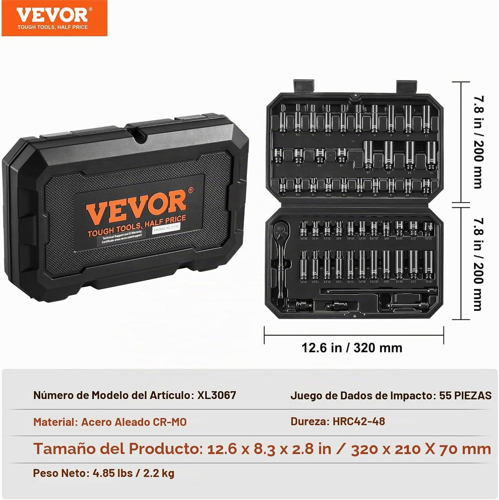VEVOR Juego de llaves de impacto de 1/4 de pulgada, 55 piezas profundas y poco profundas estándar SAE (5/32 a 9/16 pulgadas) y métrico (0.157 a 0.591 in), 6 puntos, CR-V, barra de extensión