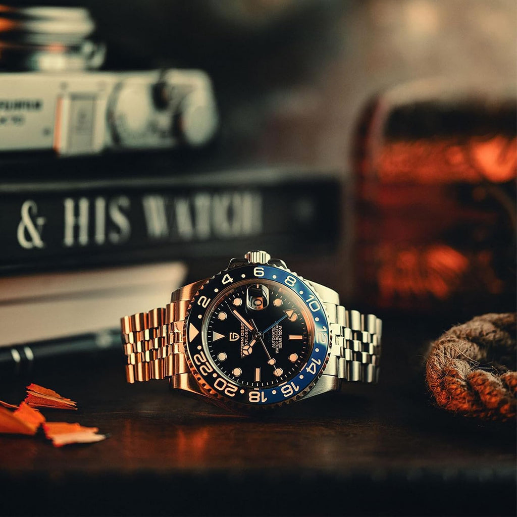 Reloj Pagani Design GMT para hombre, reloj automático de 1.575 pulgadas (40 mm), fecha, 100M resistente al agua, acero inoxidable, cristal de zafiro, reloj mecánico de pulsera PD-1662