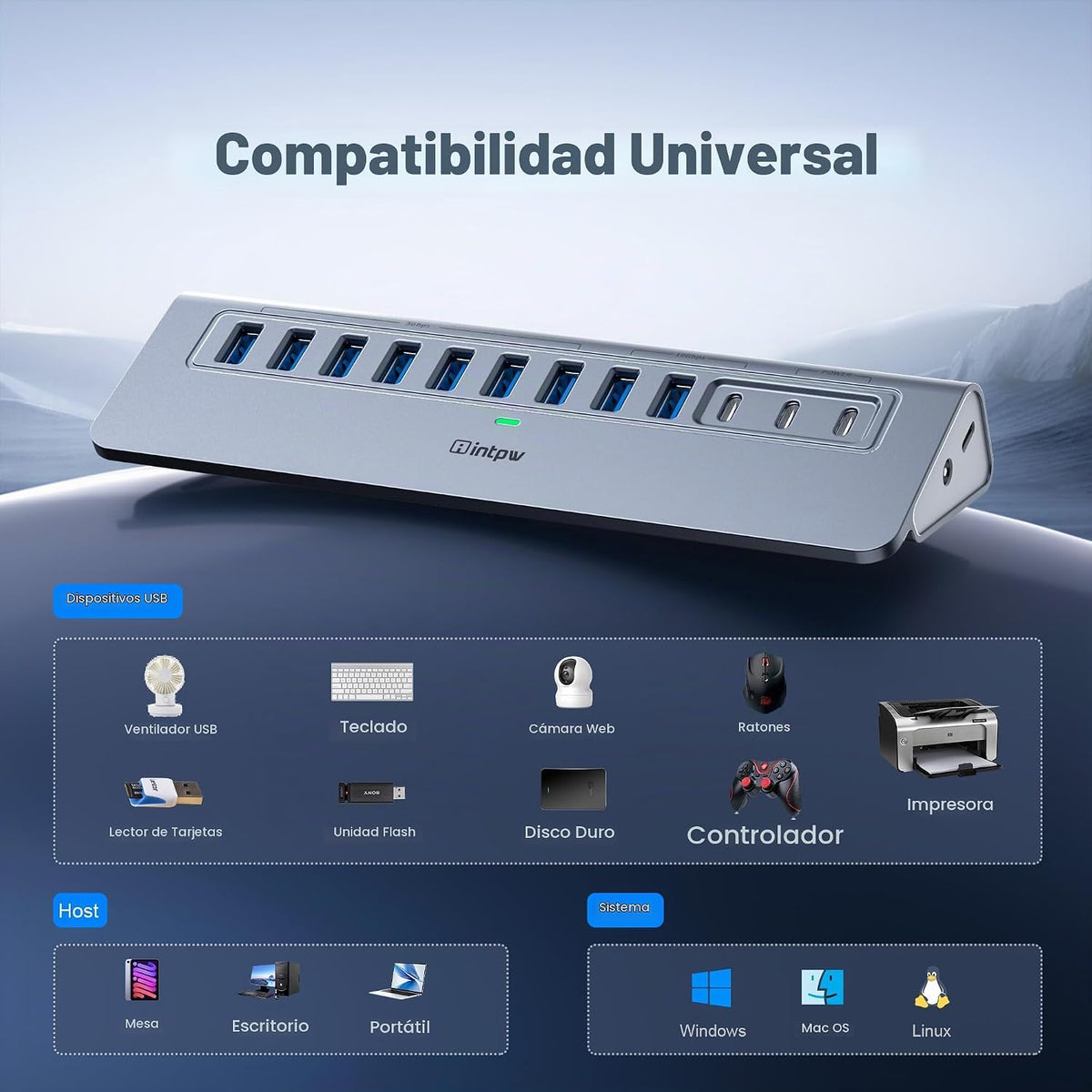 intpw, hub USB 3.0 de 12 puertos, alimentado