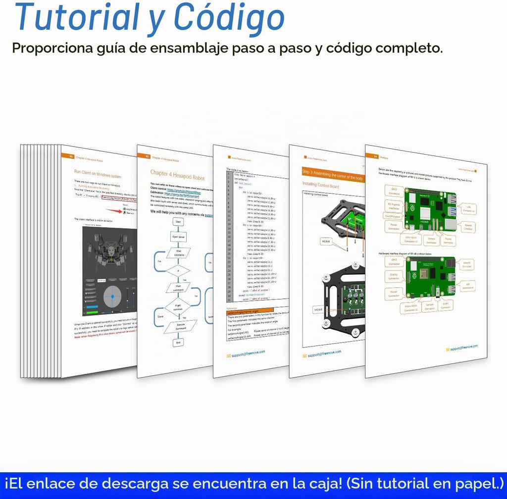 Freenove Kit de Robot Hexápodo Grande para Raspberry Pi 5 4 B 3 B+ Zero 2 W, Caminata, Autoequilibrio, Reconocimiento Facial, Medición Ultrasónica, Control por Aplicación, Cámara, Servo (Raspberry Pi