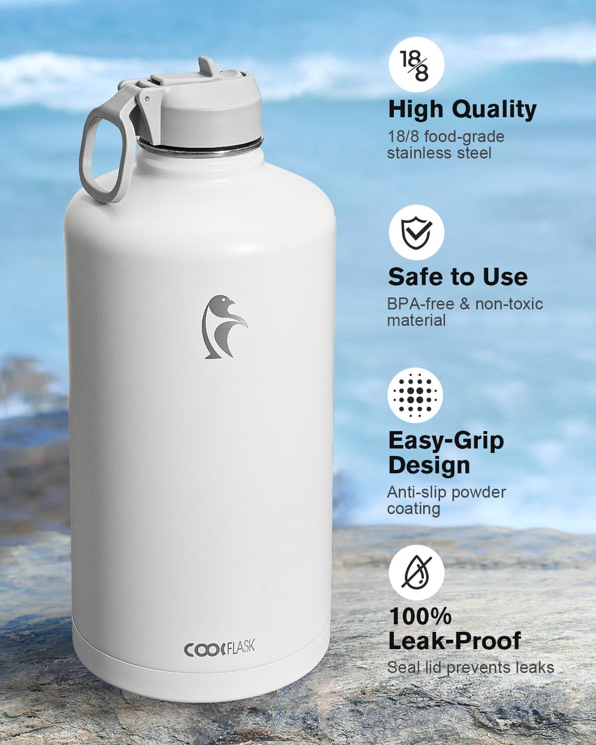 Coolflask Botella de agua de 128 onzas aislada con popote y 3 tapas a