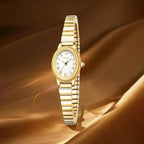 Relojes pequeños de oro para mujer, reloj analógico para mujer con banda de expansión de acero inoxidable, esfera romana ovalada, resistente al agua