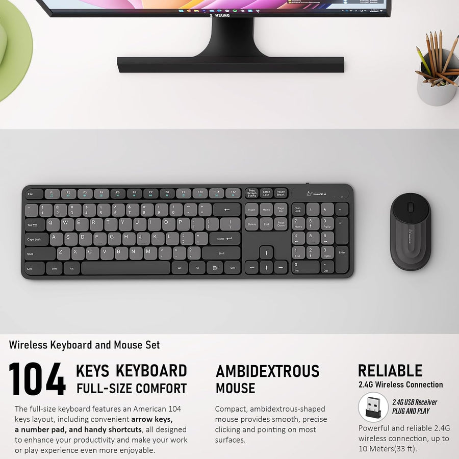 Whalices 52 Combo de teclado y mouse inalámbricos, teclas planas gr...