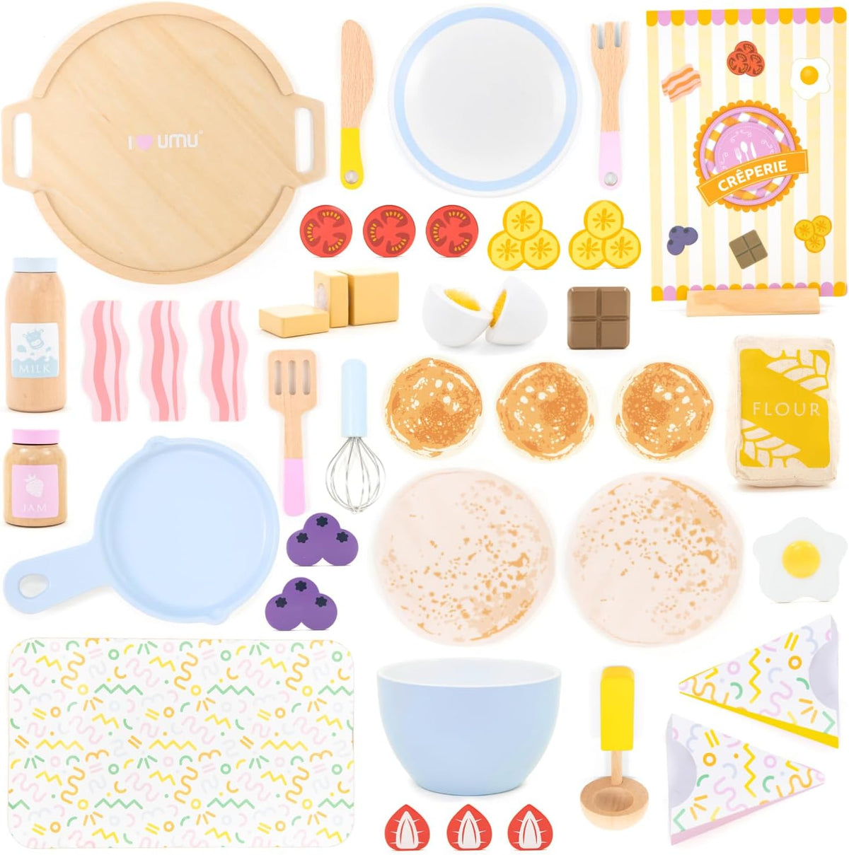 Juego de panqueques de madera – 44 piezas de juguete de cocina con sartén, espátula, jarabe, coberturas y más – Juego de comida de cocina para niños de 3, 4, 5 años