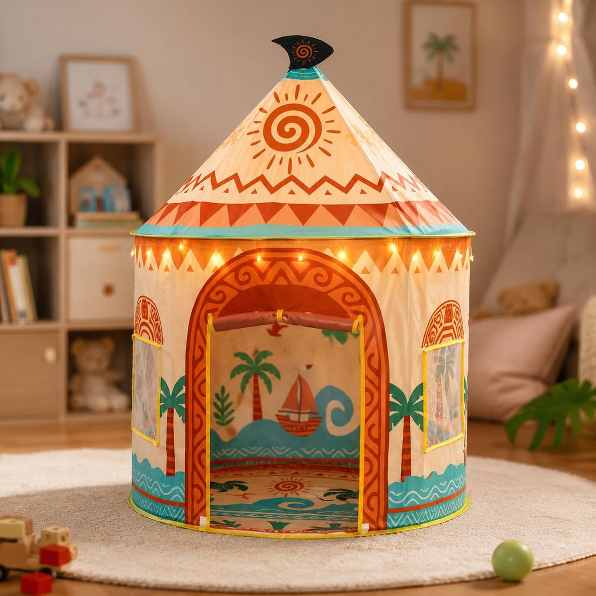 Tropical Adventure - Tienda de campaña de princesa para niños, 53 x 41 pulgadas, casa de juegos desplegable con luces LED y bolsa de transporte, tienda de campaña para interiores y exteriores para niñas y niños de 3 a 6 años
