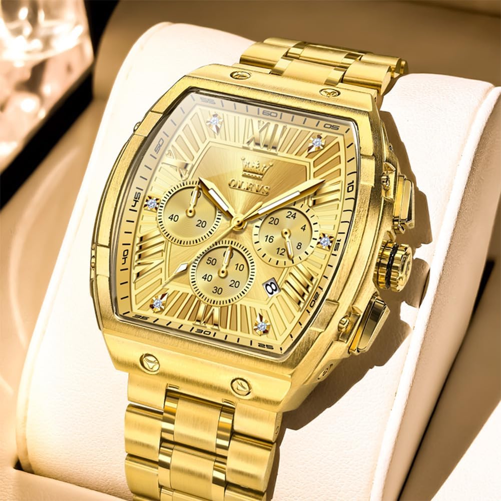 OLEVS Reloj para Hombres Analógico Cuarzo Lujo Diamante Resistente al Agua Cronógrafo Acero Inoxidable Carita Grande Cuadrado Fecha Fase Lunar Romano Relojes de Vestir para Hombres