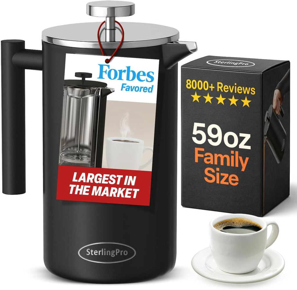 SterlingPro - Cafetera de prensa francesa de acero inoxidable extra grande con aislamiento no tóxico de 64 onzas, capacidad de 1/2 galón/2 litros (rendimiento de preparación de 59 onzas)