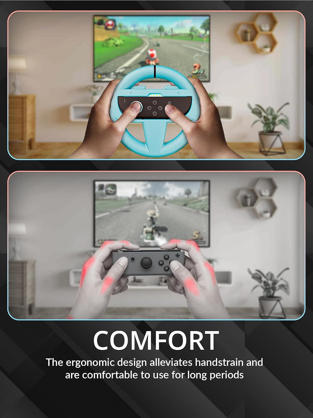 Orzly Volantes Compatibles con Nintendo Switch 2 (Consola 2025) Paquete Doble de Volantes para Coches y Juegos de Mario Kart con Joy-Con Controllers (1 Rojo 1 Azul) en Caja de Regalo