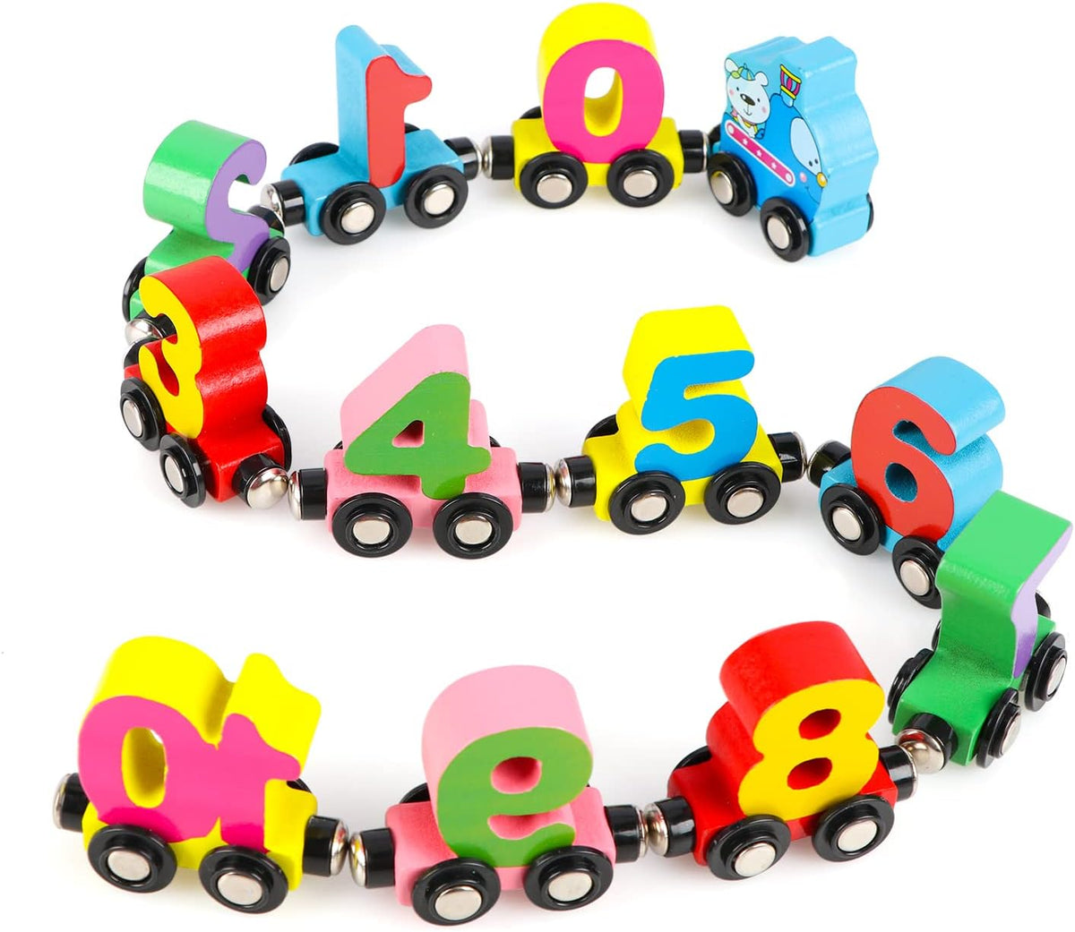 Wondertoys Juego de 12 piezas de tren de madera con números de juguete, 0-10 Número de tren