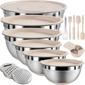 Juego de tazones para mezclar con tapas herméticas, juego de 20 utensilios de cocina, 6 cuencos de acero inoxidable, 3 accesorios para rallar, parte inferior de silicona antideslizante, ideal para