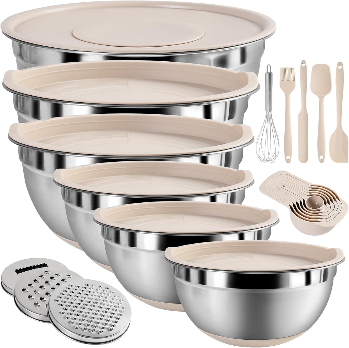 Juego de tazones para mezclar con tapas herméticas, juego de 20 utensilios de cocina, 6 cuencos de acero inoxidable, 3 accesorios para rallar, parte inferior de silicona antideslizante, ideal para