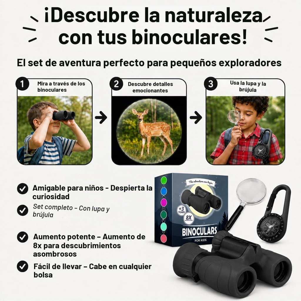 Binoculares para niños – Juguete perfecto para niños pequeños y niñas – Juego extenso que incluye lupa y brújula – Potente aumento 8 x 21 – niños de 3 a 12 años para niños pequeños