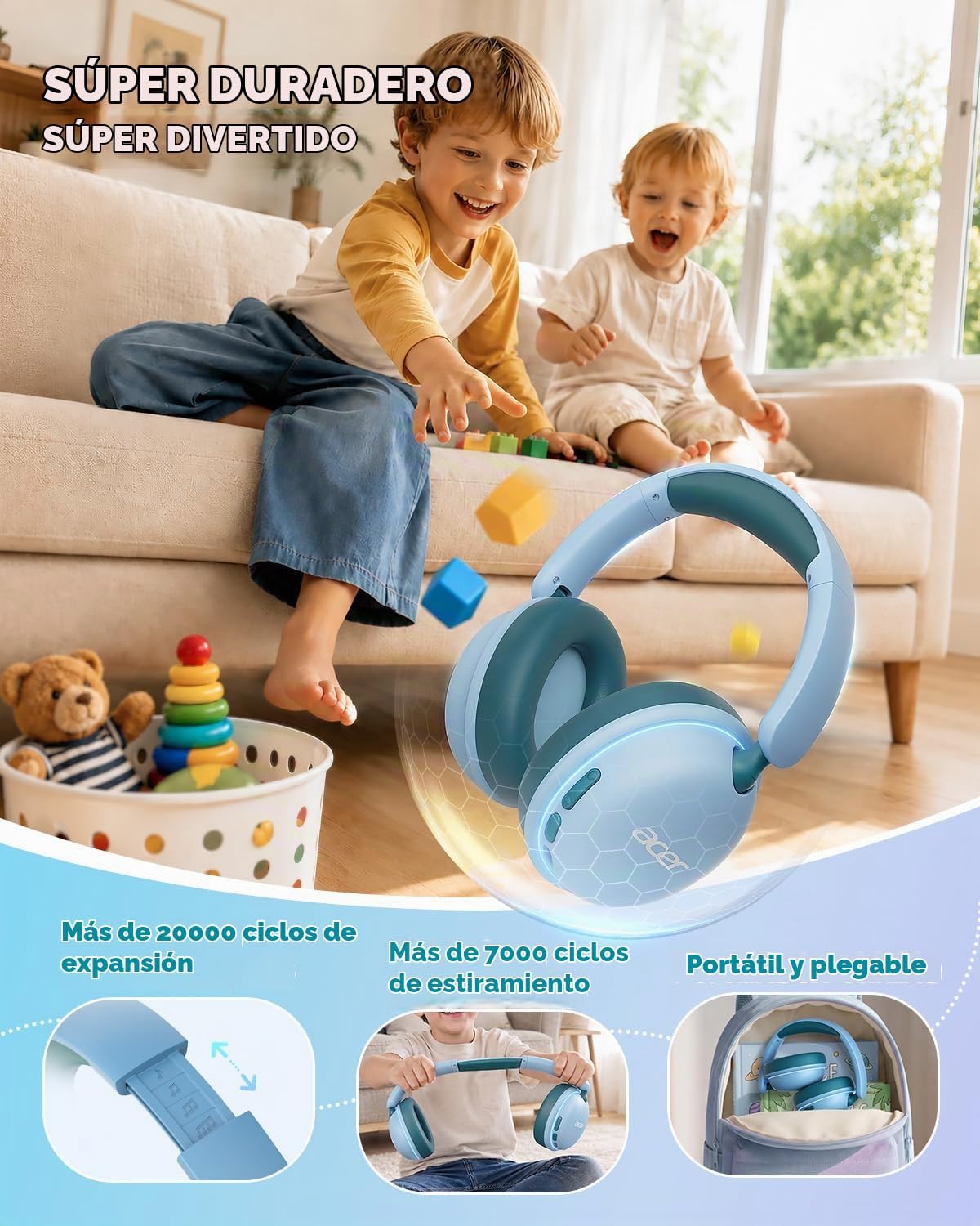 Acer OHR727 - Auriculares Bluetooth para niños, diseño cómodo sobre la