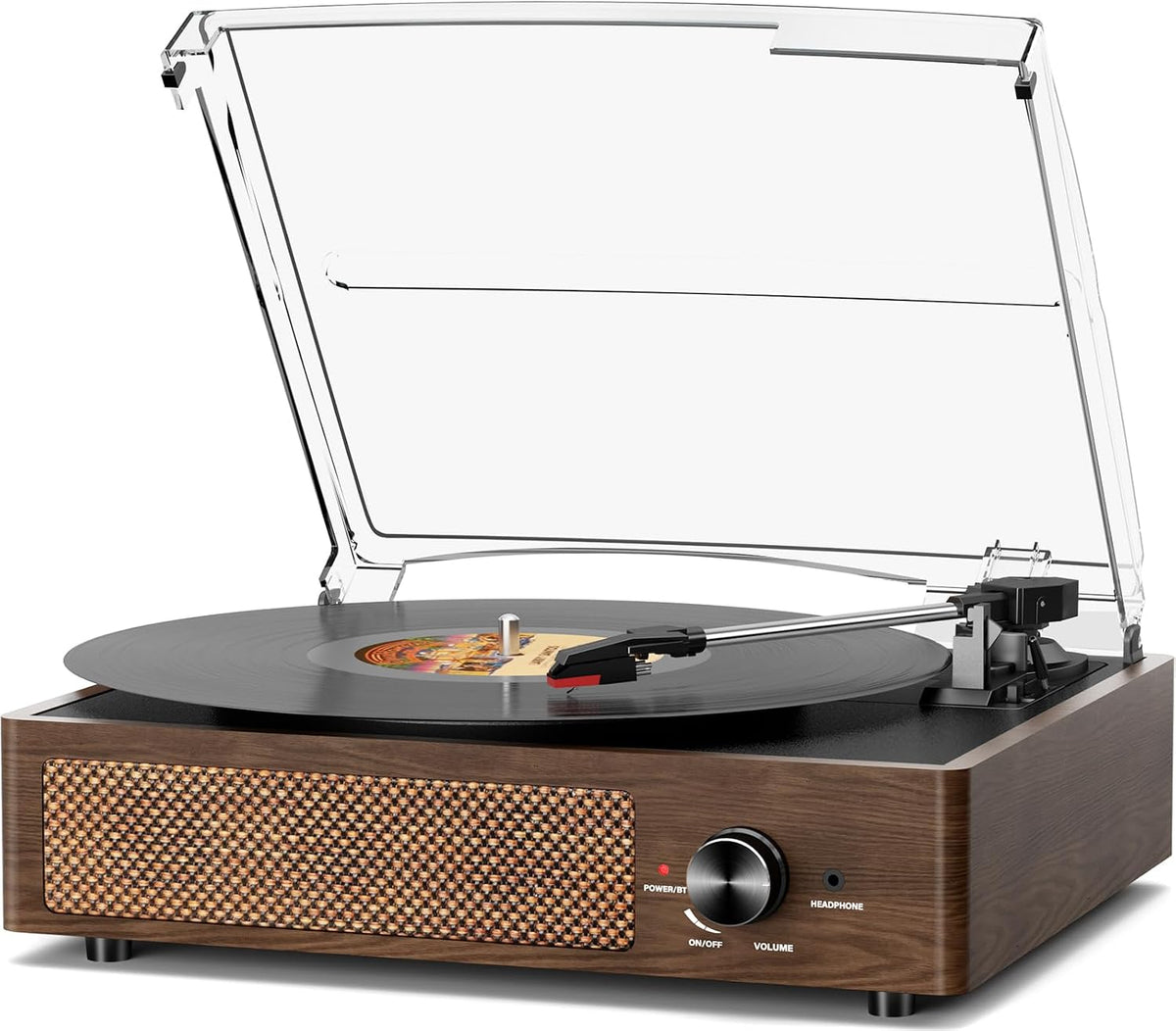 Reproductor de discos de vinilo Bluetooth, tocadiscos de 3 velocidades con altavoces estéreo, reproductor de grabación de fonógrafo vintage, con salida de línea RCA AUX en conector de auriculares, café y madera