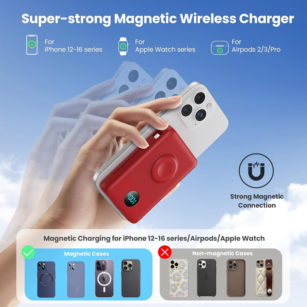 Cargador portátil magnético 6 en 1 para iPhone con cables integrado...