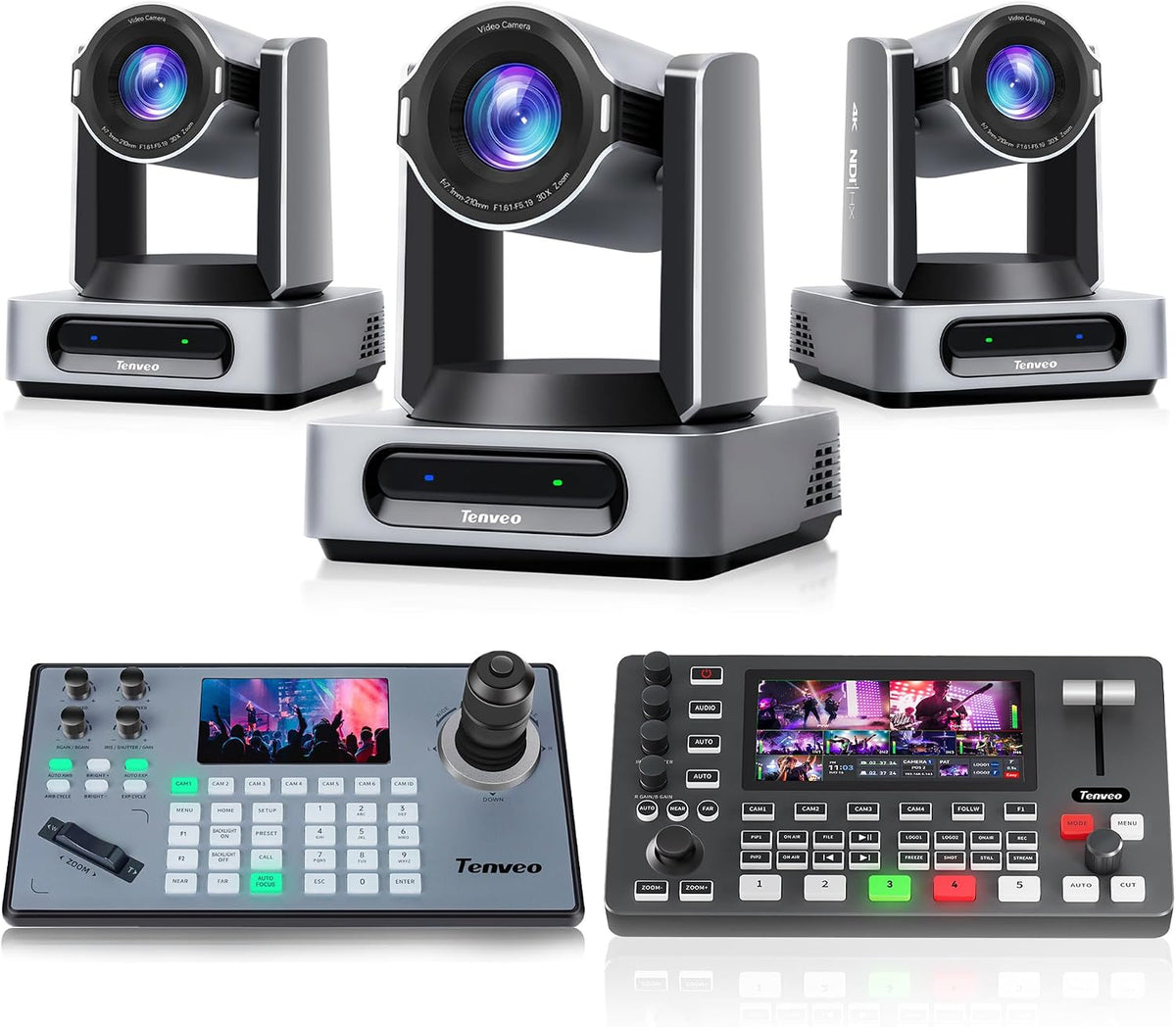 Tenveo Paquete de cámara PTZ/Kits, 4K 60FPS 30X AI Tracking NDI SDI/HDMI/USB3.0/LAN (PoE) Cámara PTZ (*3), controlador de joystick NDI y HDMI 4K + conmutador de video SDI para eventos en vivo de