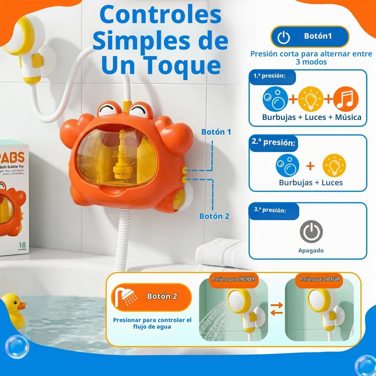 Juguetes de baño de cangrejo, máquina de baño de burbujas 4 en 1 con cabezal de ducha, luz para niños pequeños y máquina de burbujas de baño, juguete de bañera para bebés de 1 a 3, 4 a 8 años