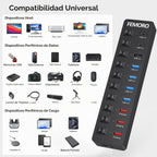 FEMORO, hub USB 3.2 de 11 puertos, alimentado, adaptador 12V/4A