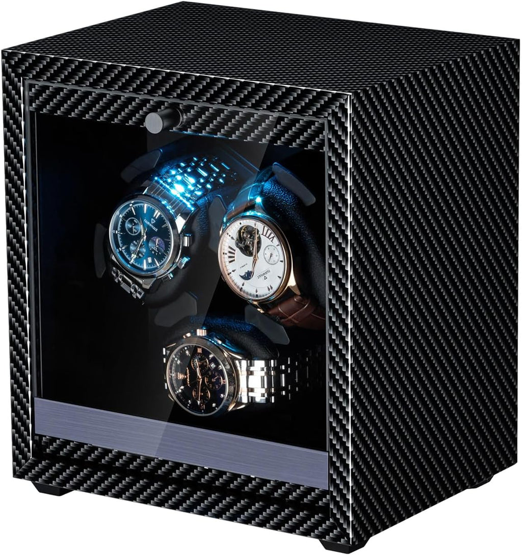 Mcbazel Enrollador de reloj para relojes automáticos, 4 modos de rotación con motor súper silencioso, luz LED azul, almohadas de espuma viscoelástica, regalo para hombres y mujeres [negro]