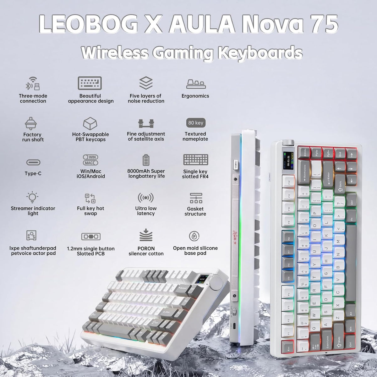 X Aula Nova75 - Teclado mecánico inalámbrico cremoso con pantalla d...