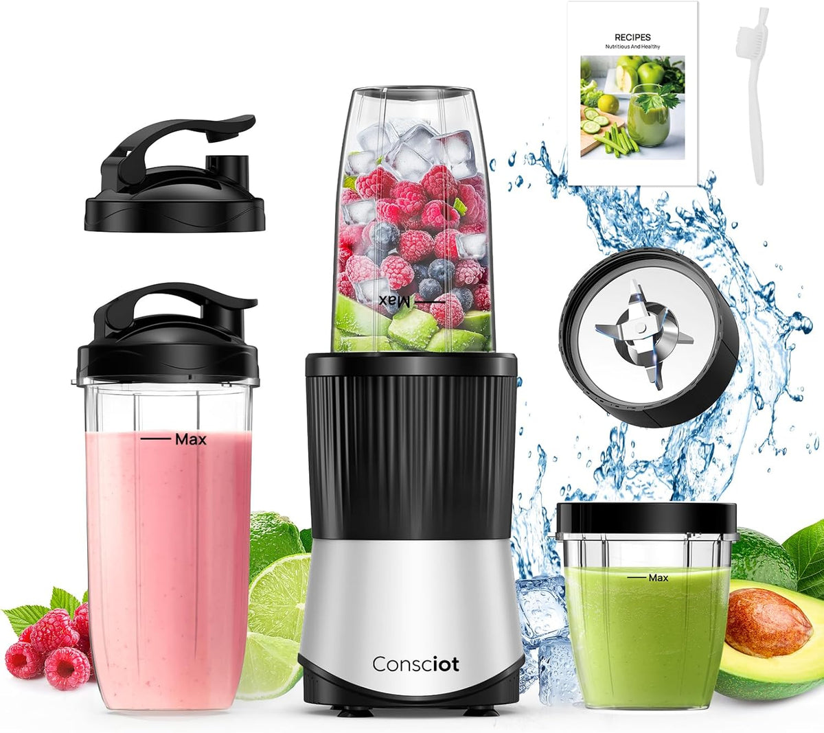 Consciot CB08 - Licuadora de 11 piezas para cocina y tamaño personal, para batidos y licuados, bebidas congeladas, comida para bebé, untables y más, 3 tazas portátiles para llevar y 2 tapas con