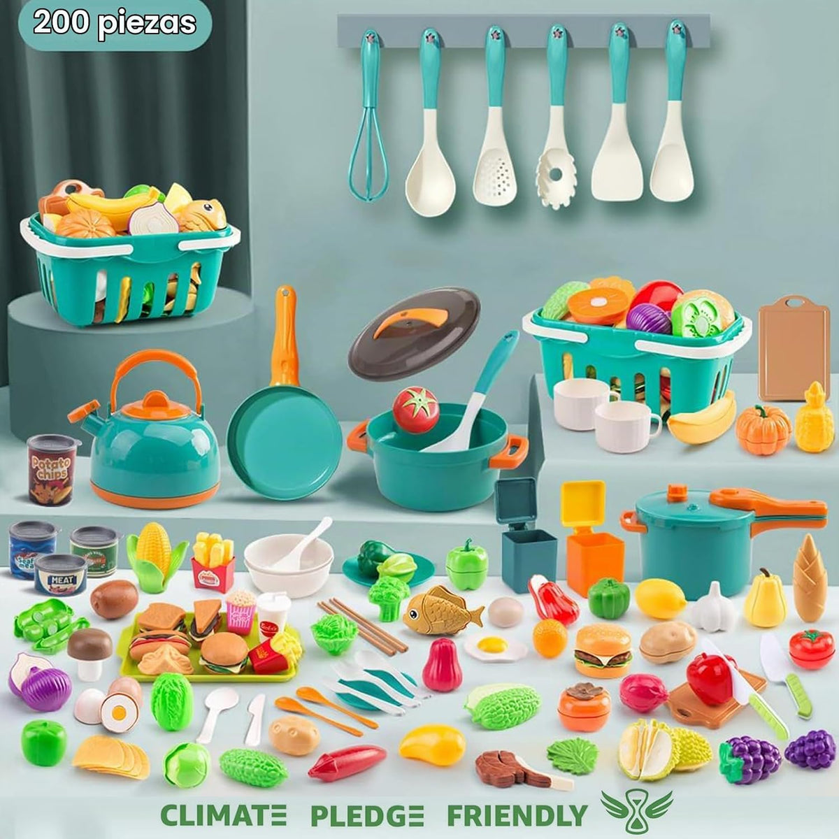 Mini accesorios de cocina de 200 piezas para niños a partir de 3 años, juego de cocina de simulación con utensilios de cocina, vajilla y 2 juegos de frutas, regalo de aprendizaje para niñas y niños, verde