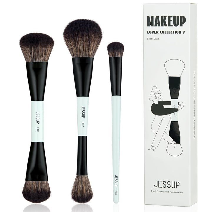 Jessup Cepillos de maquillaje facial azules 3 piezas, cepillo de ma...