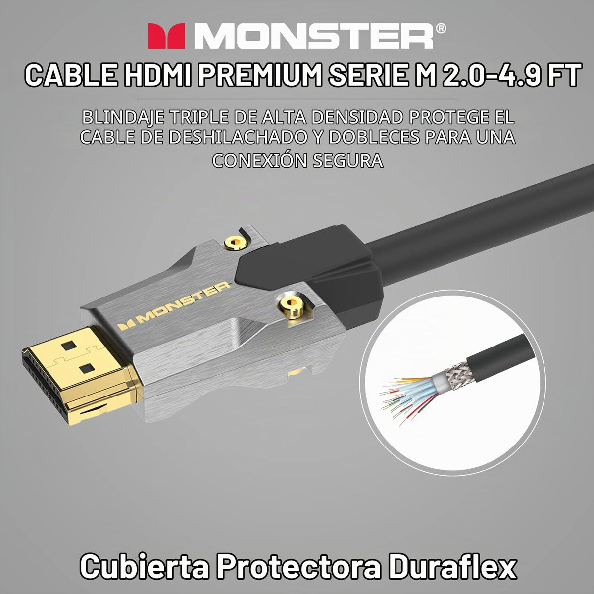 Monster Cable HDMI 2.0 de alta calidad certificado Serie M, 22.5 Gbps, 4K UHD 60Hz, blindaje de triple capa, chaqueta Duraflex, cable HDMI para TV, monitor, juegos, PC, 4.9 pies