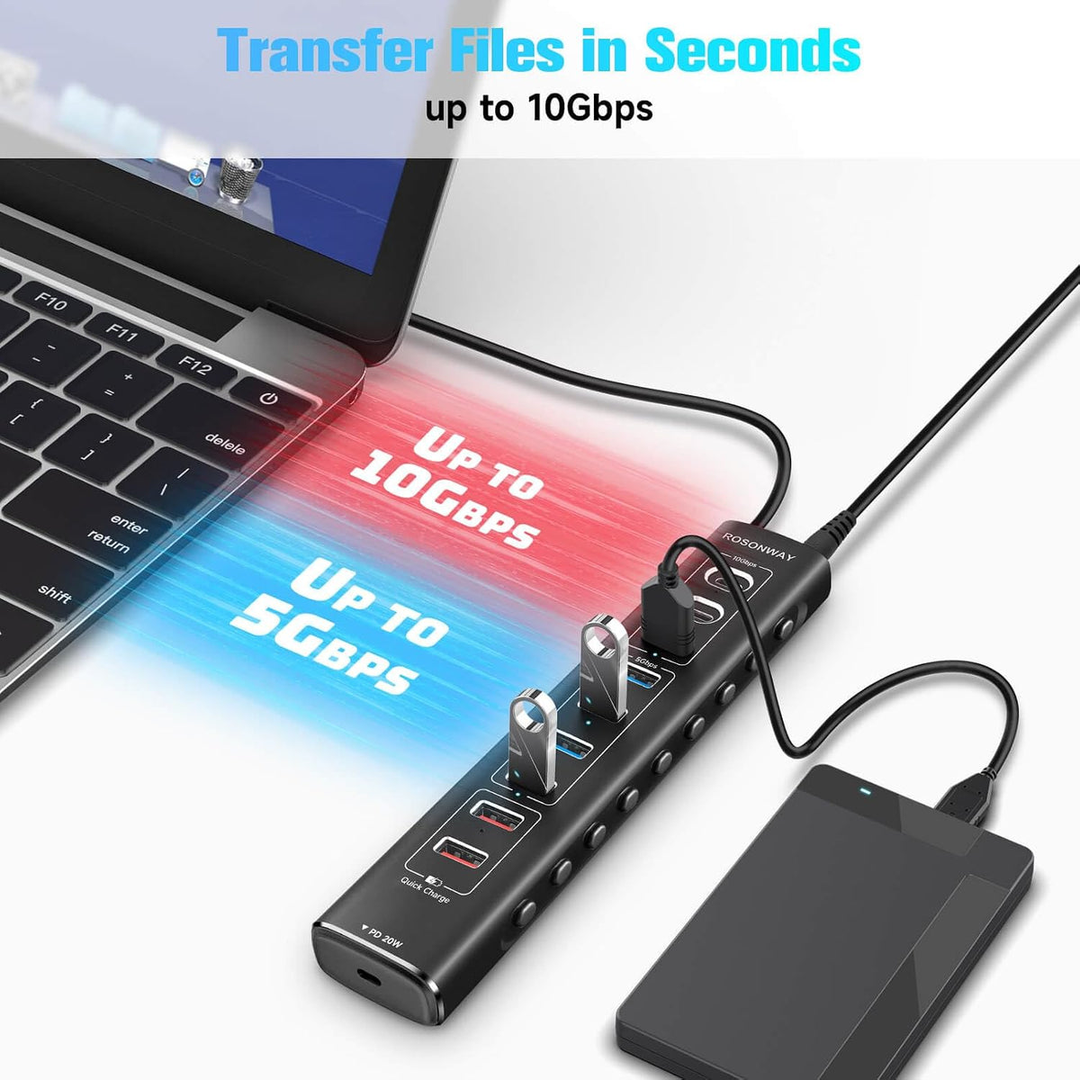 Rosonway, RSH-A10QPD, hub USB 3.2 de 10 puertos