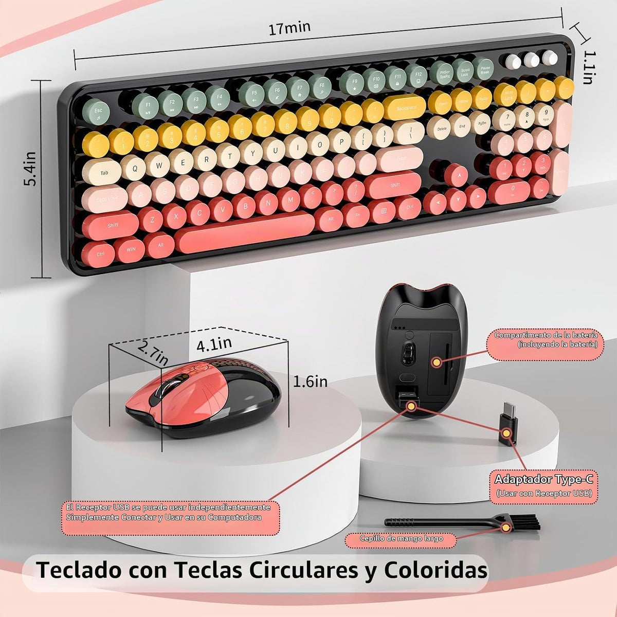 Teclado y ratón inalámbricos, MOFII 104 teclas redondas máquina de...