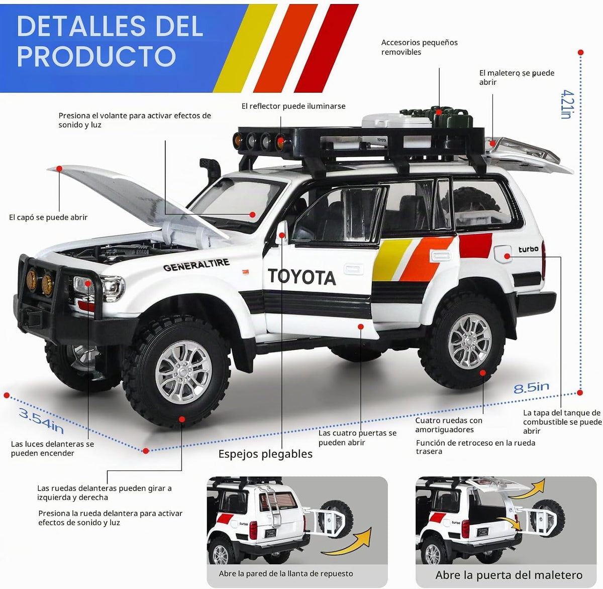 Autos de juguete para niños, autos de fundición a escala 1:24, compatible con Land Cruiser LC80, modelo de automóvil coleccionable, auto de juguete con retroceso con luces y sonidos, autos de