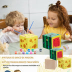 DoubleFill Paquete de 6 kits de manualidades de pintura de banco de madera para niños, banco de bloques de madera sin terminar, incluye 12 pinturas de color, 2 pinceles, 200 diamantes acrílicos, kits
