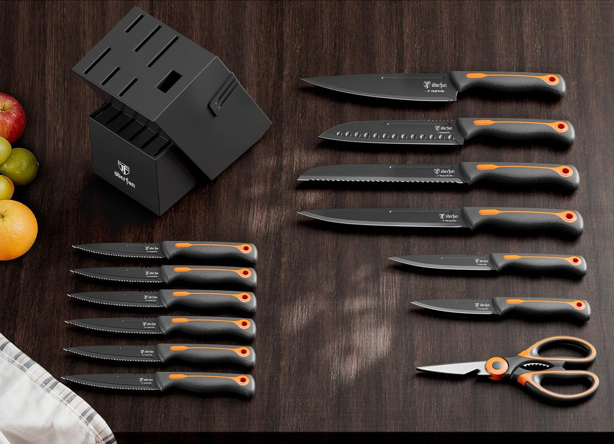 Juego de cuchillos de cocina de 15 piezas, aptos para lavavajillas, antideslizantes