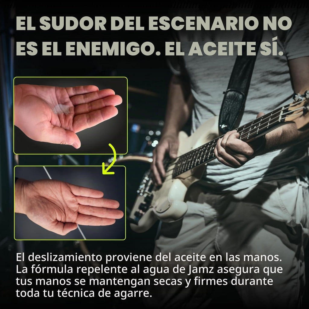 Chalkless Jamz Grip - Polvo para músicos, potenciador de agarre absorbente de aceite y alternativa de tiza de mano para baquetas, púas de guitarra, latón, probado en escenario para bateristas