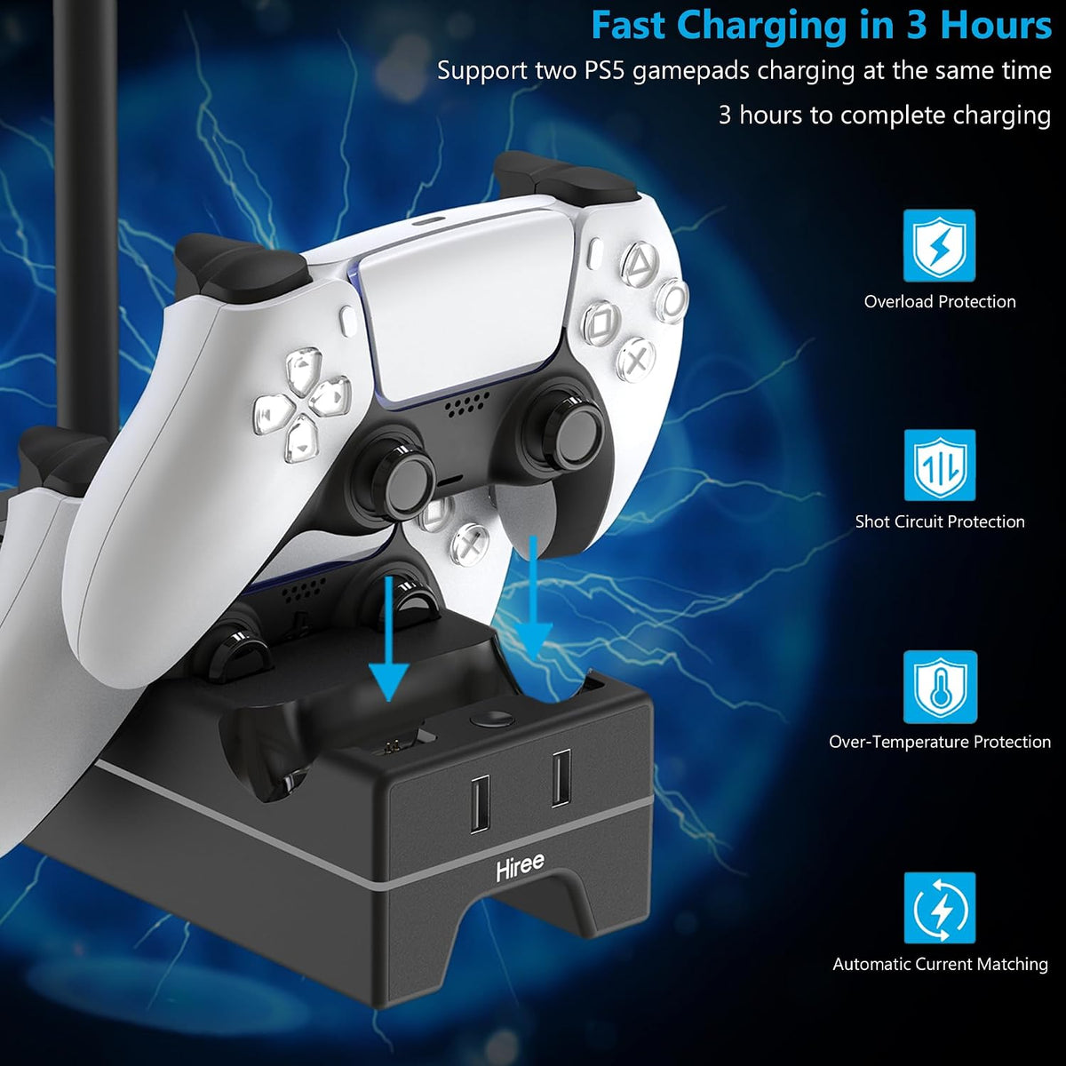 Cargador para PS5 con puerto de carga USB y toma de corriente, estación de carga RGB DualSense para controles de Playstation 5 con soporte para audífonos, accesorios PS5
