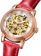 ROCOSJEWE Reloj de pulsera automático mecánico de lujo para mujer, esfera esqueletizada en oro rosado, manecillas luminiscentes, correa de cuero roja, reloj de vestir de moda para mujer, reloj esqueletizado autofaciente resistente al agua, regalo para